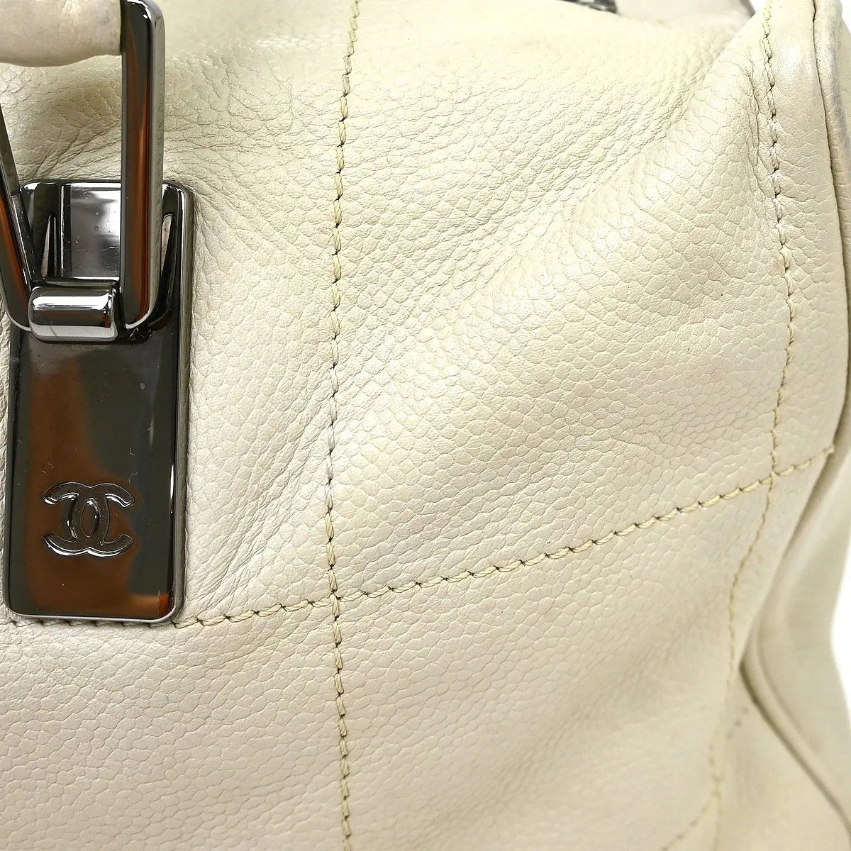 Chanel Square Stitch CC Boston Quilted Leather, White, Leather, Handbag