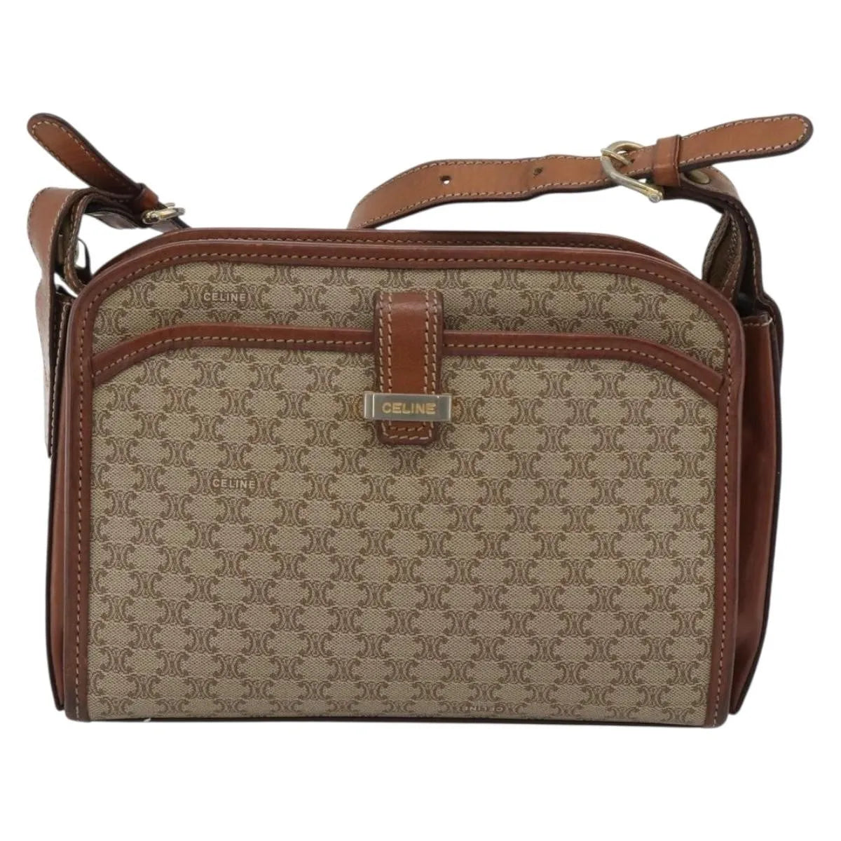 Celine Vintage Macadam Canvas and Leather, Beige, Canvas, Shoulder Bag