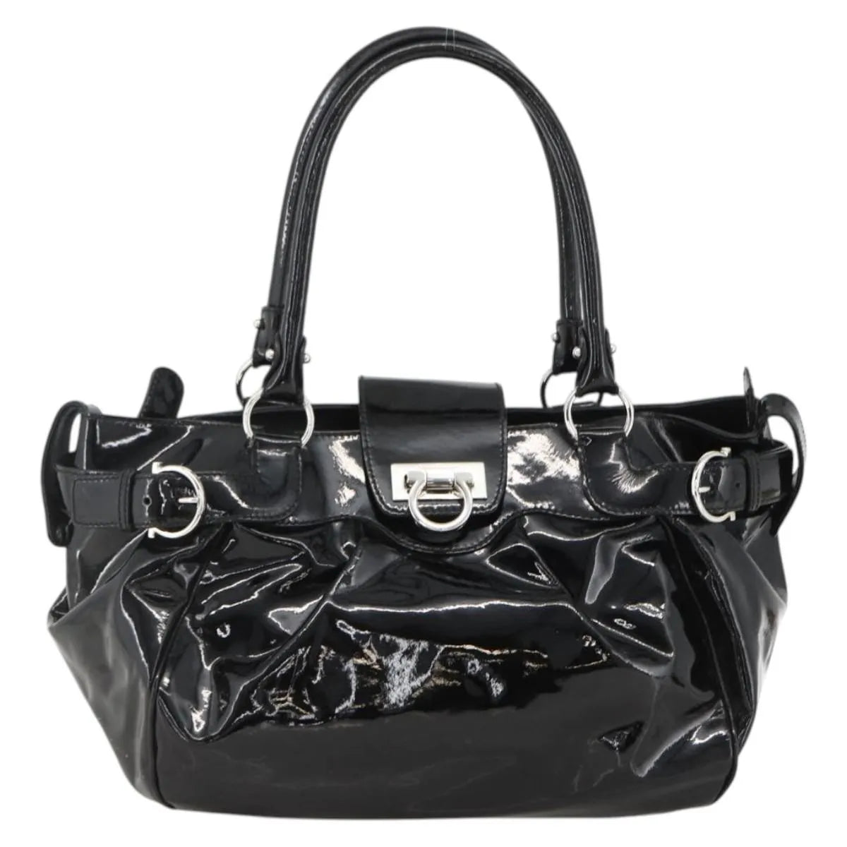 Salvatore Ferragamo Gancini Patent Leather, Black, Patent Leather, Handbag
