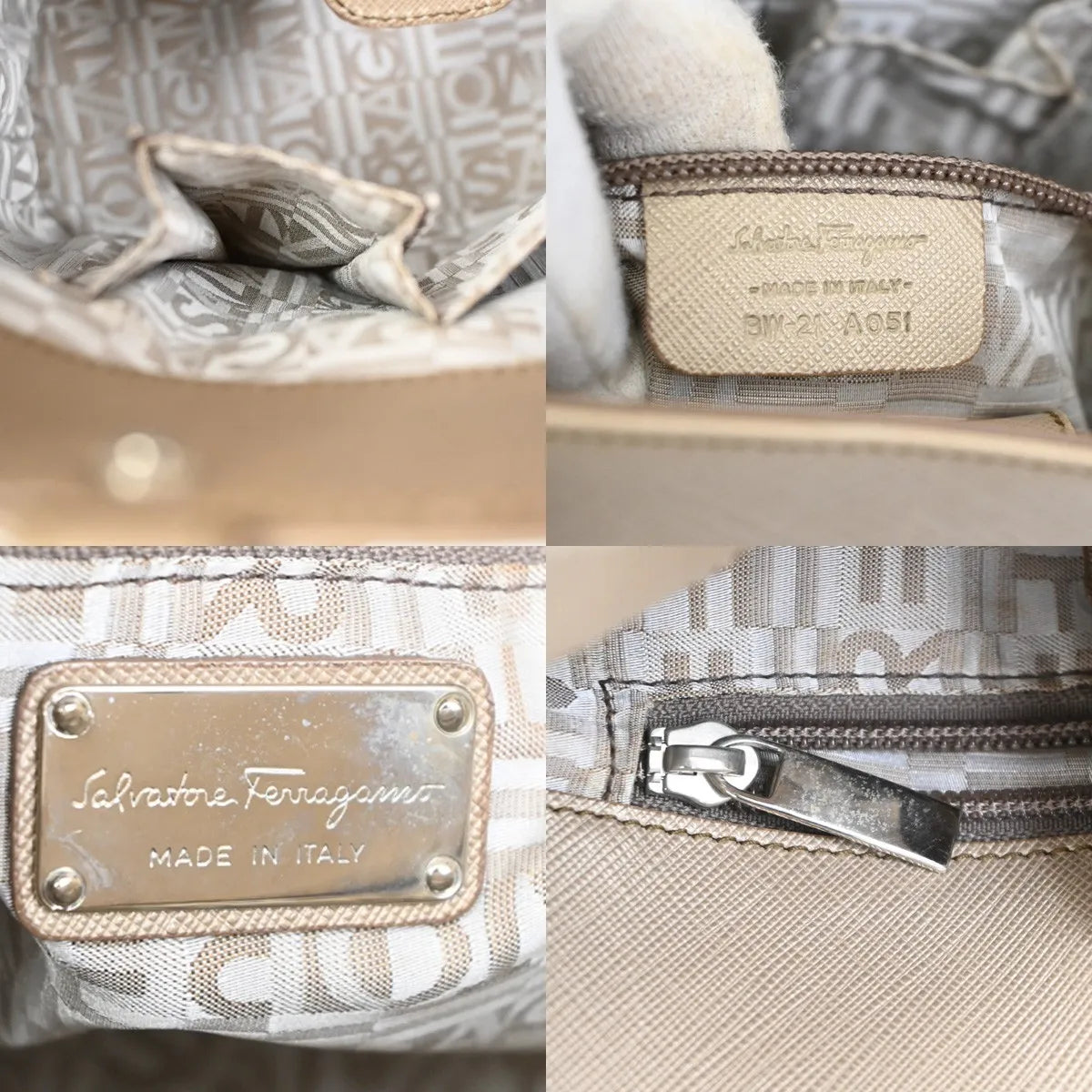 Salvatore Ferragamo Gancini Leather, Beige, Leather, Handbag