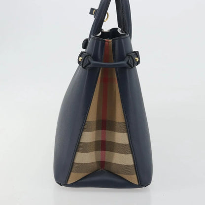 Burberry Banner Tote Leather and House Check Canvas, Navy, Leather, Handbag