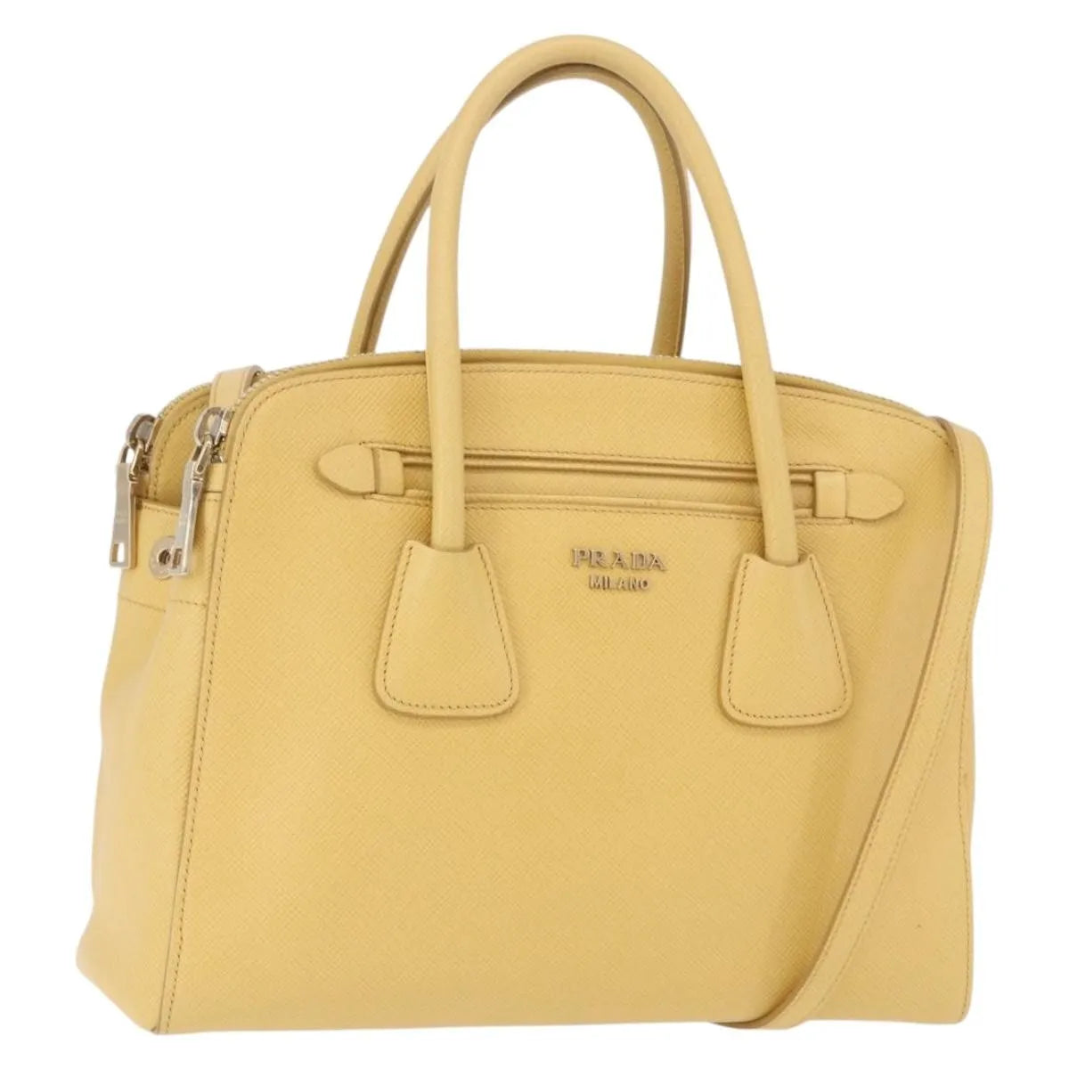Prada Cuir Frame Double Zip Tote Saffiano Leather, Yellow, Leather, Tote Bag