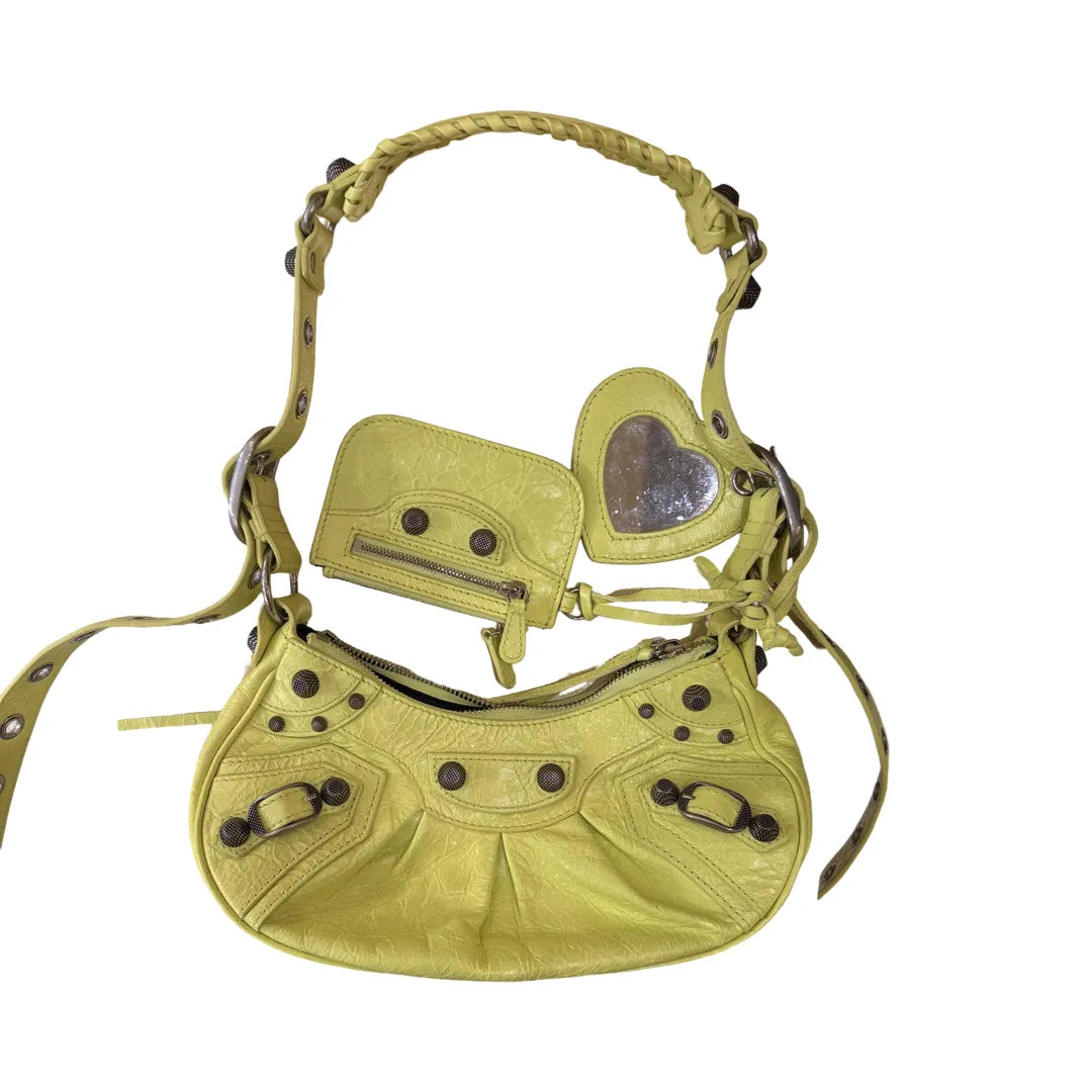 Balenciaga Le Cagole Giant Studs Shoulder BB Monogram Denim, Yellow, Leather, Handbag