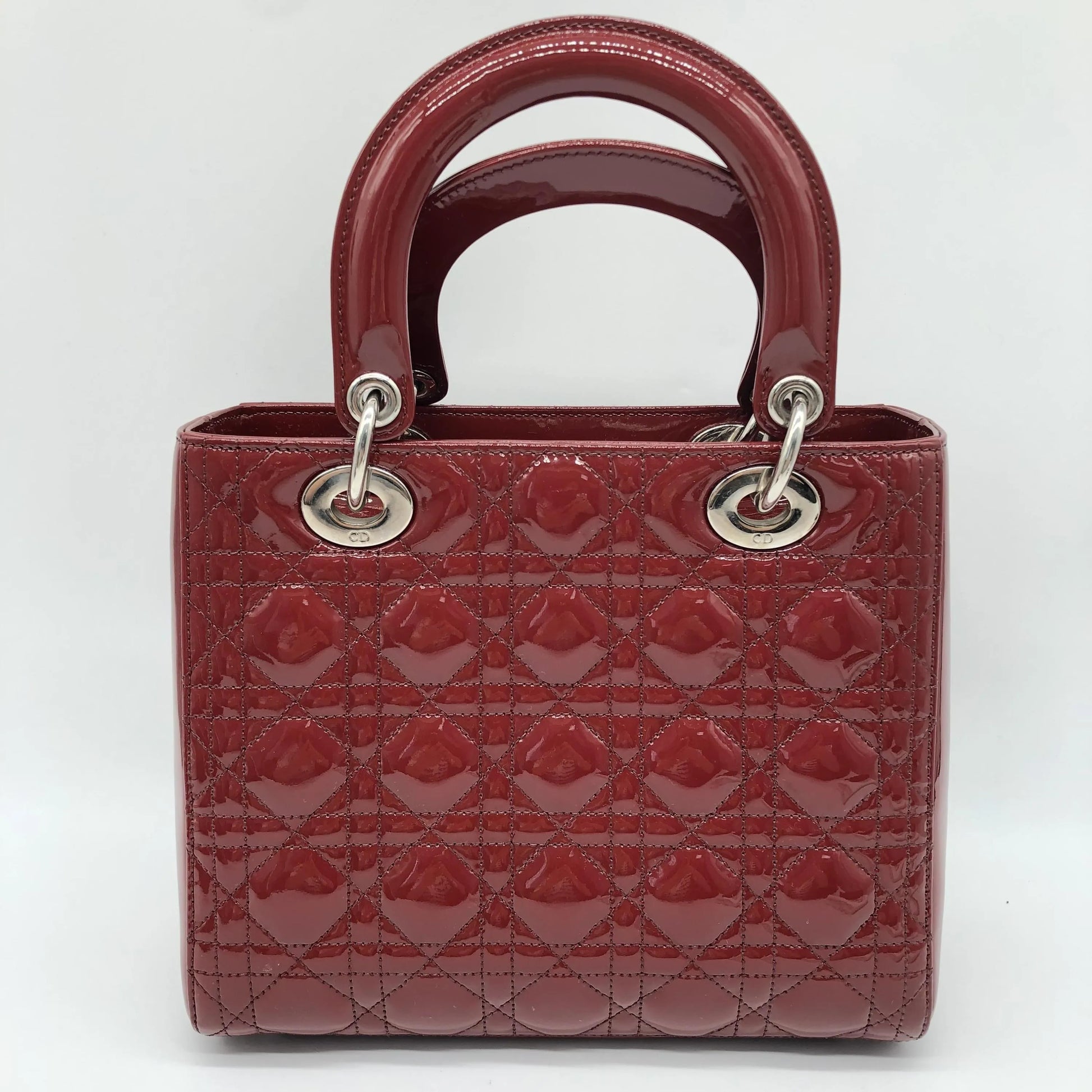 Christian Dior Vintage Lady Dior Cannage Quilt Patent, Burgundy, Patent Leather, Handbag