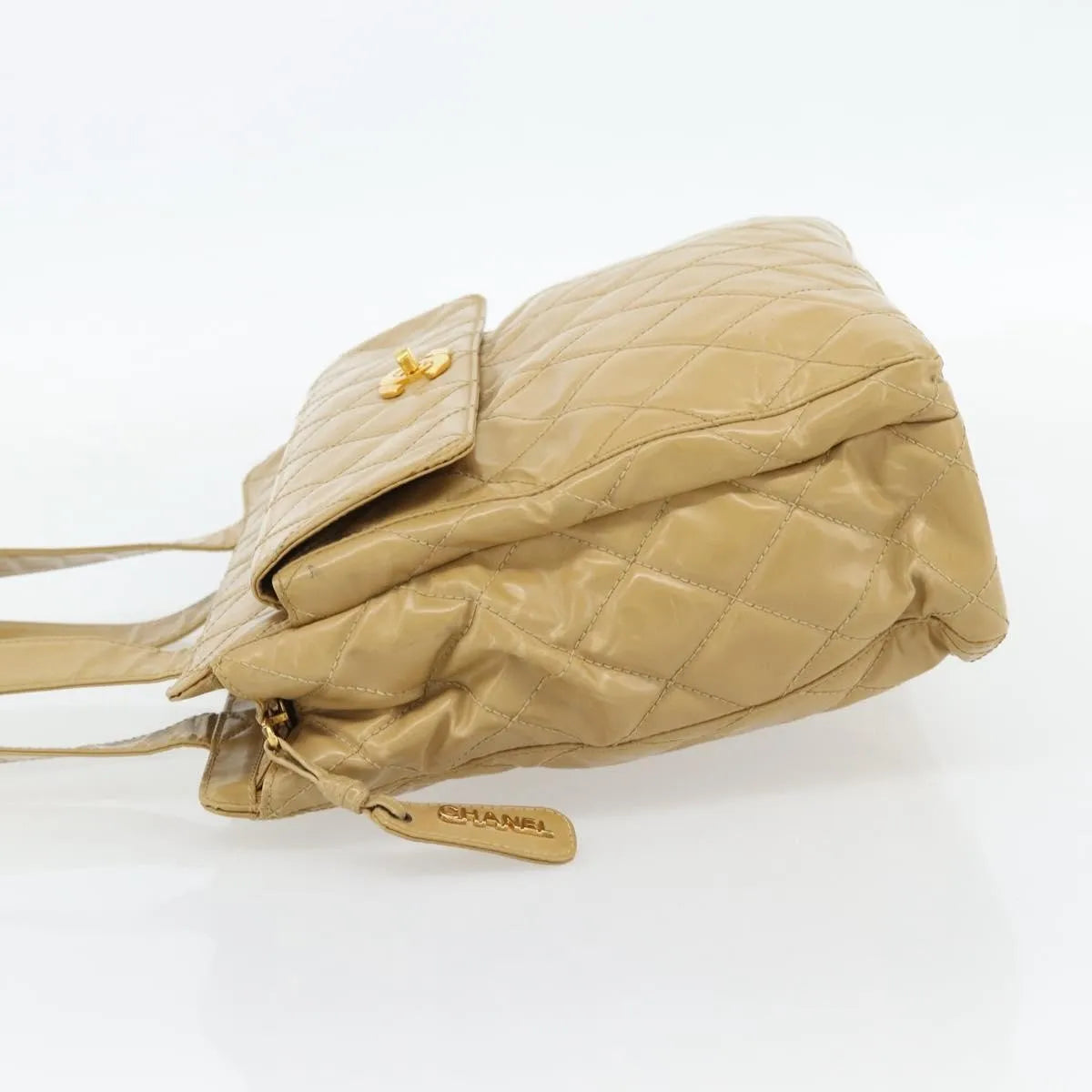 Chanel Vintage Front Pocket Leather, Beige, Patent Leather, Shoulder Bag