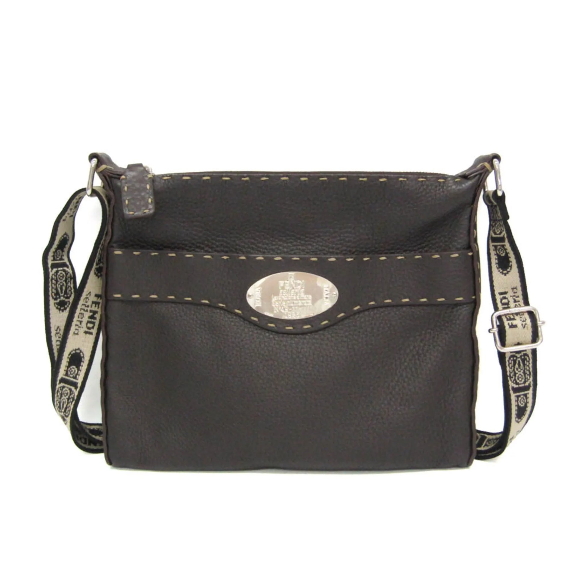 Fendi Vintage Selleria Zip Messenger Leather, Brown, Leather, Shoulder Bag
