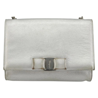 Salvatore Ferragamo Vara Chain Flap Leather, Silver, Leather, Shoulder Bag