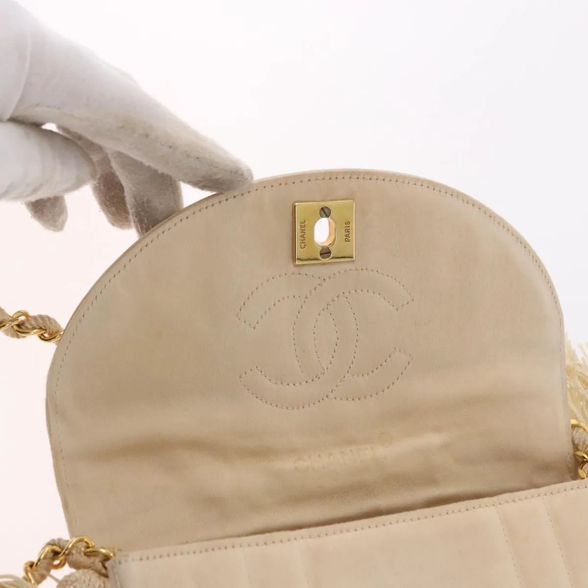 Chanel Vintage Round Flap Satin, Beige, Satin, Shoulder Bag