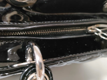 Christian Dior Lady Dior Patent, Black, Patent Leather, Handbag