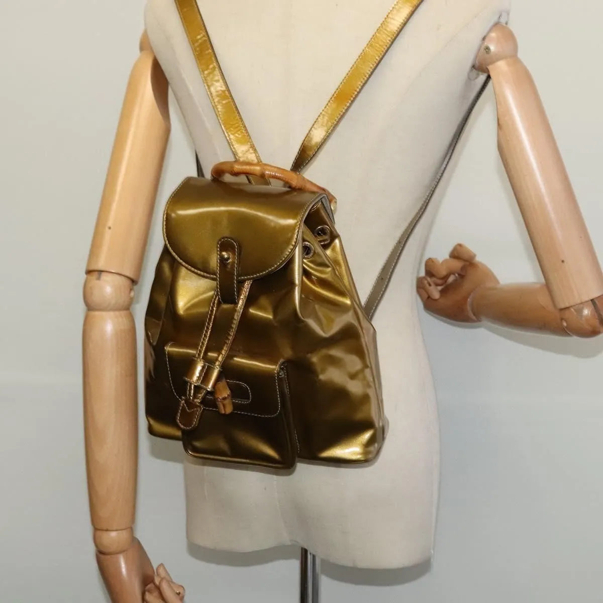 Gucci Vintage Bamboo Patent, Gold, Patent Leather, Backpack