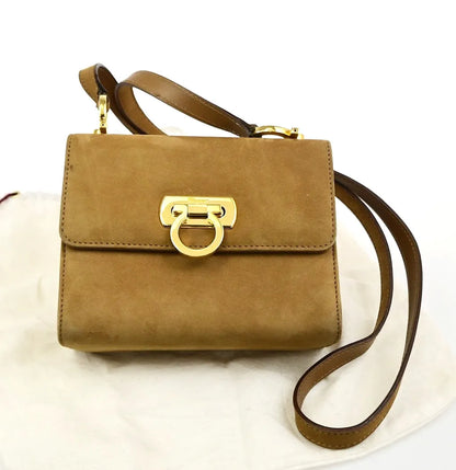 Salvatore Ferragamo Gancini Flap Suede, Beige, Suede, Shoulder Bag