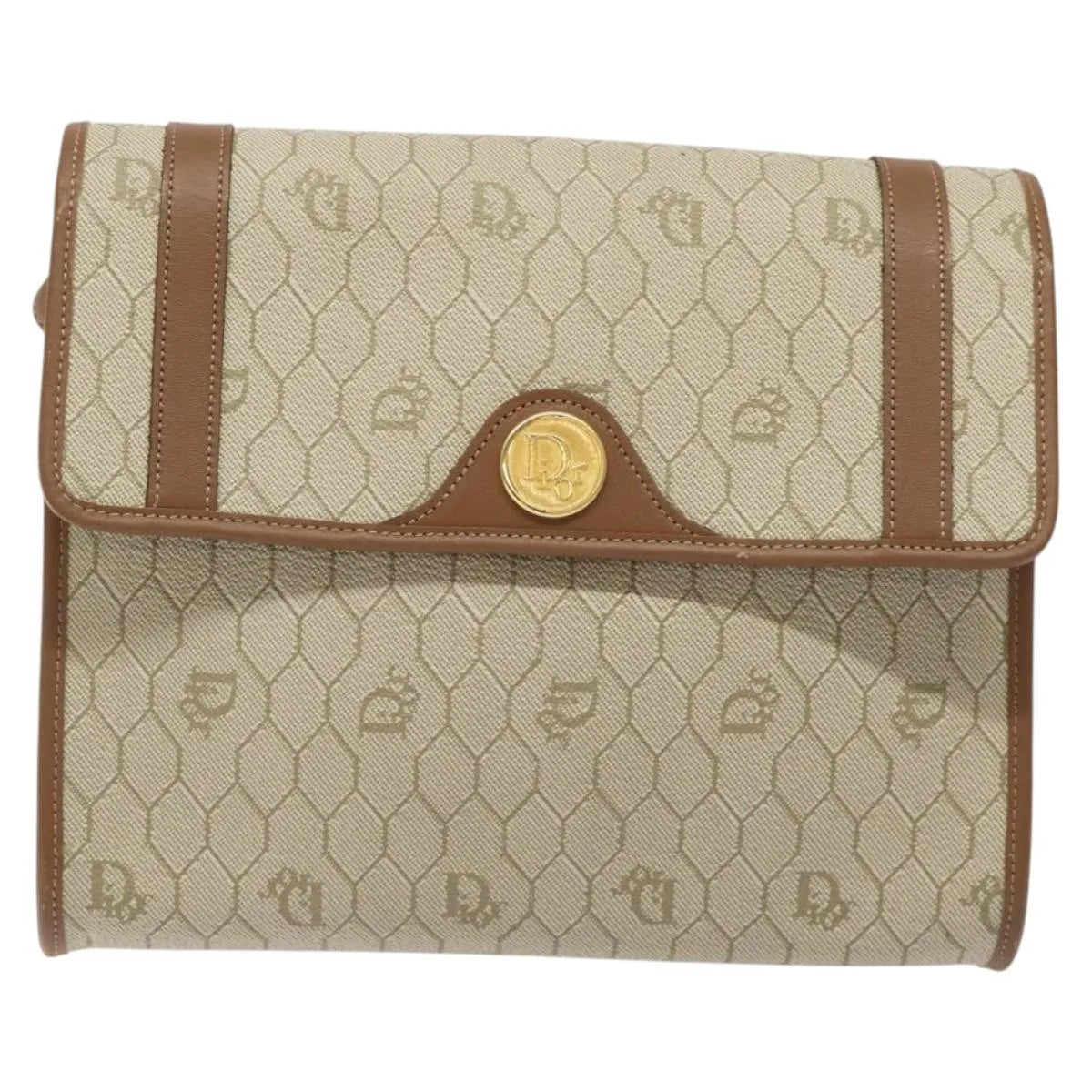 Christian Dior Vintage Honeycomb Flap Canvas and Leather, Beige, PVC, Shoulder Bag
