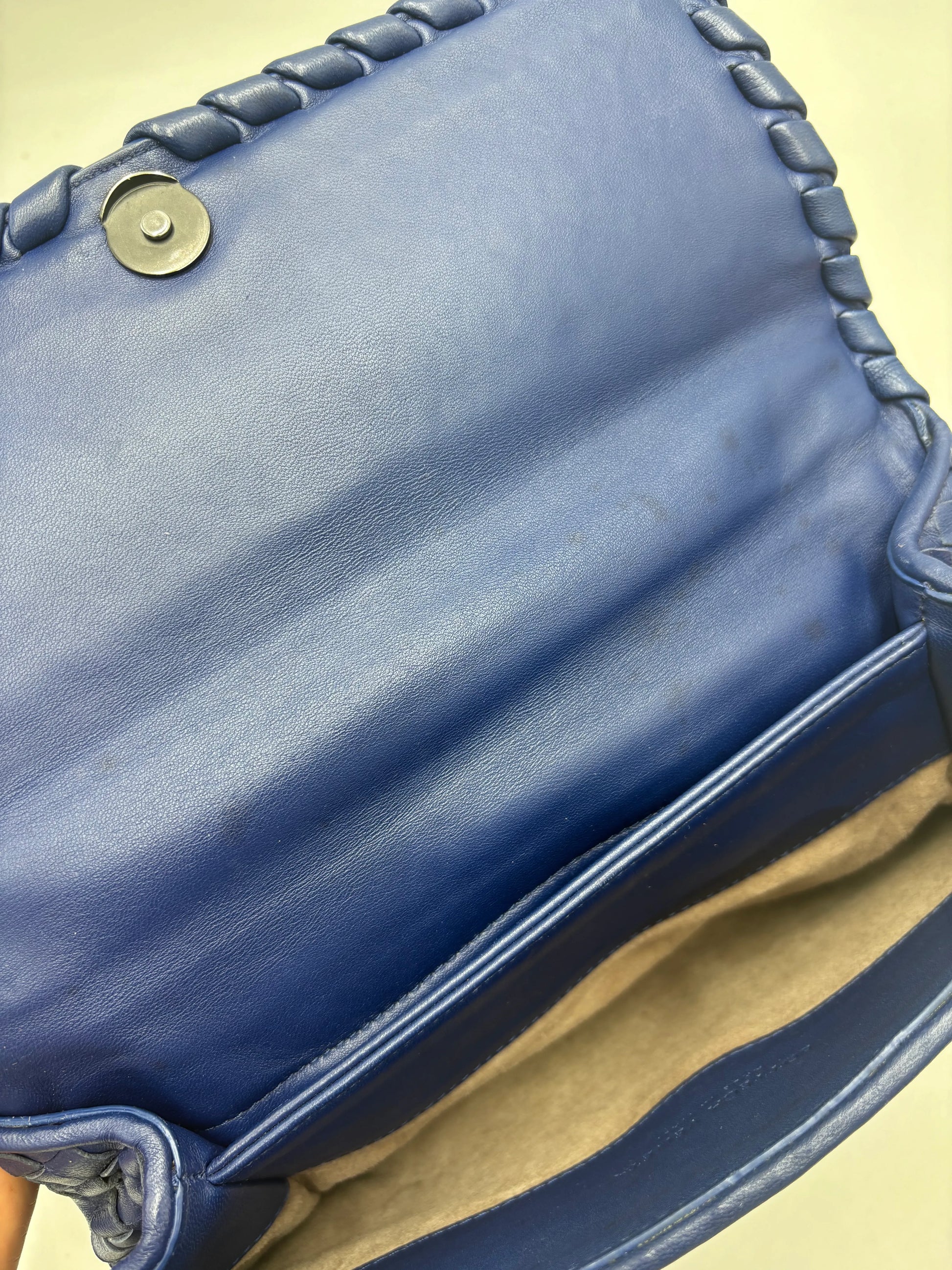Bottega Veneta Olimpia Intrecciato Microstuds Lambskin, Blue, Leather, Handbag