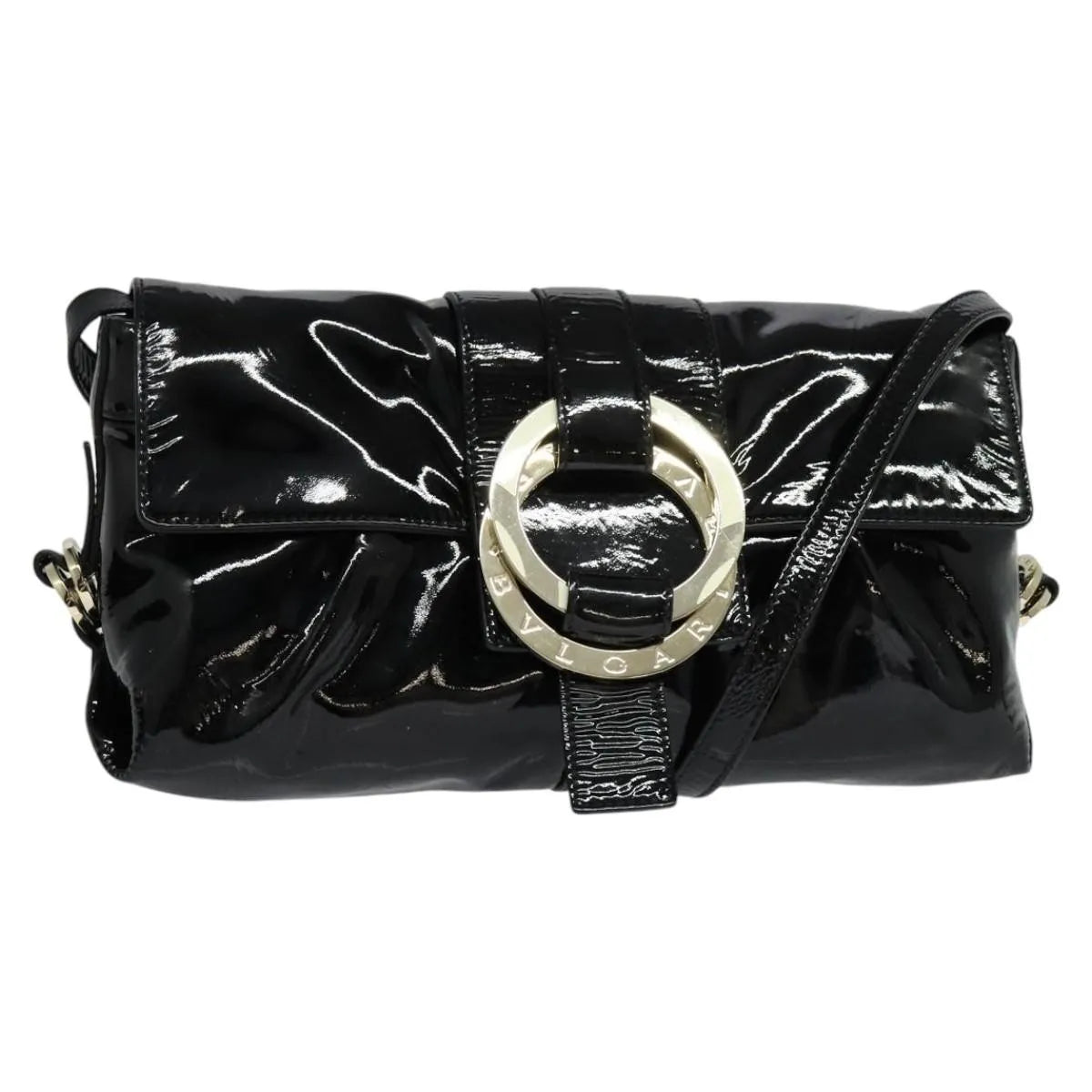 Bvlgari Chandra Flap Enamel, Black, Patent Leather, Shoulder Bag