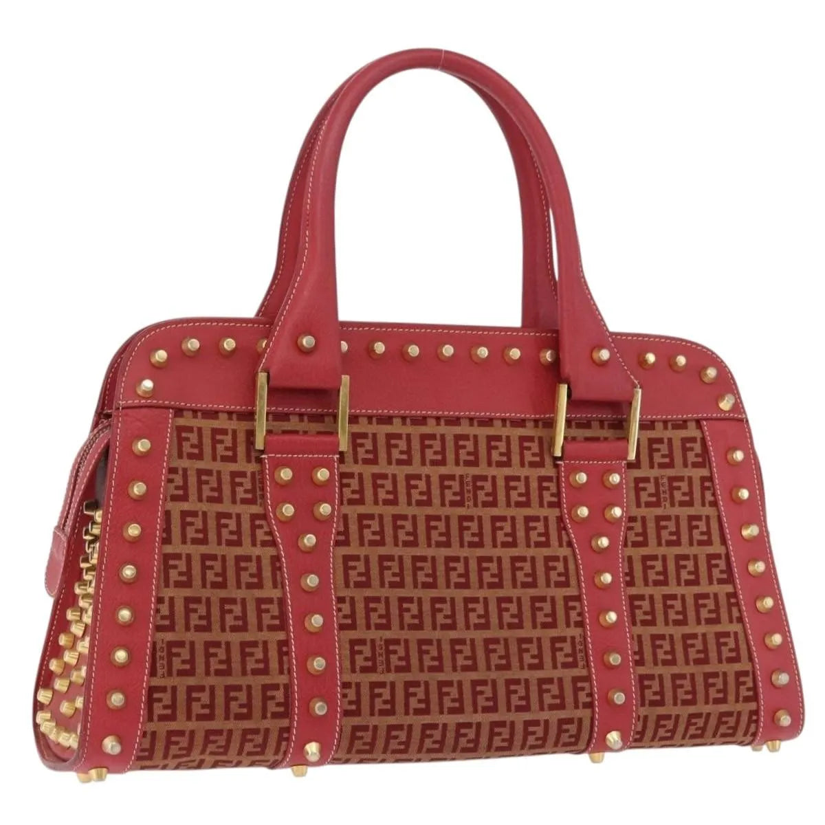 Fendi Studded Handle canvas, Red, Canvas, Handbag