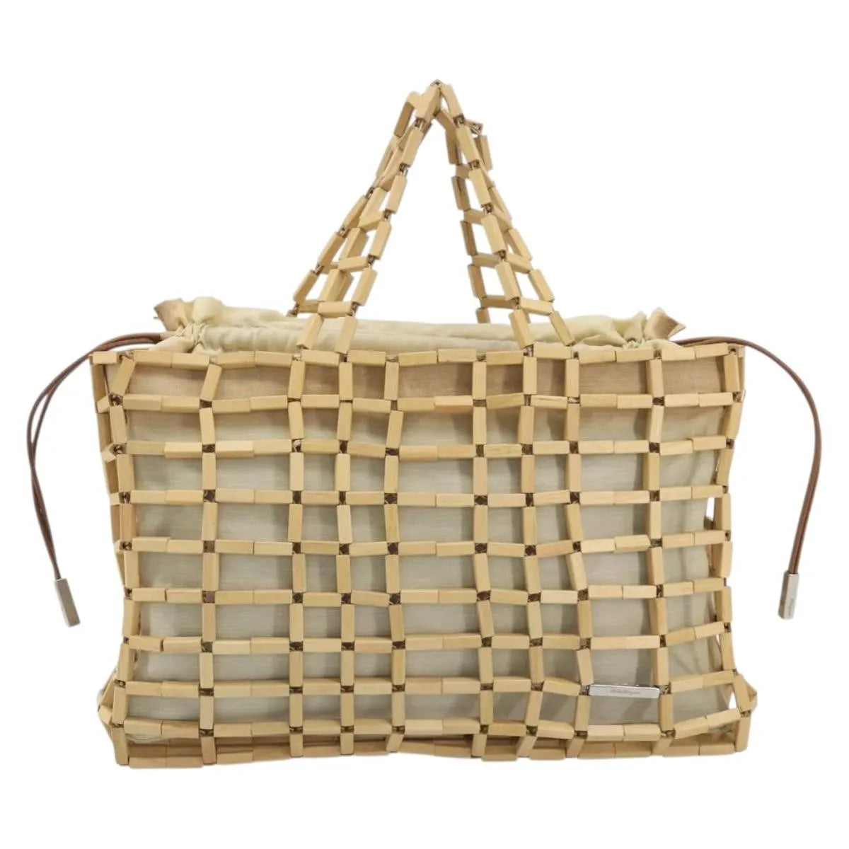 Salvatore Ferragamo Wood Mesh Drawstring canvas, Beige, Canvas, Handbag