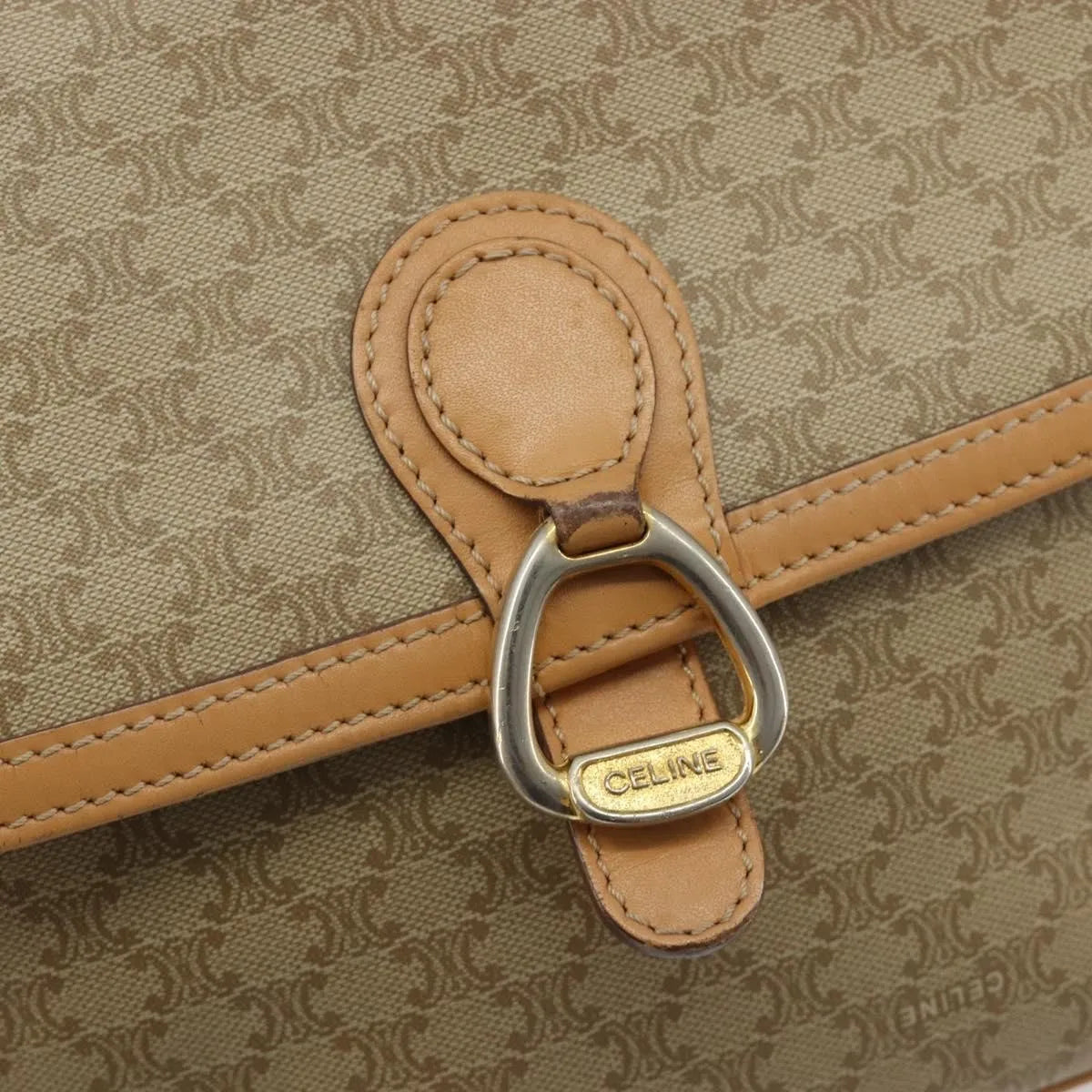Celine Vintage Macadam Canvas and Leather, Beige, Canvas, Shoulder Bag