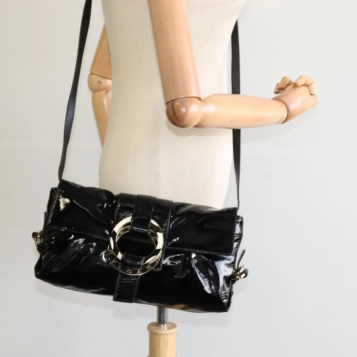 Bvlgari Chandra Flap Enamel, Black, Patent Leather, Shoulder Bag