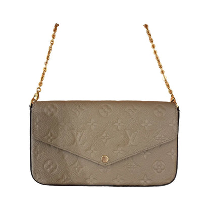 Louis Vuitton Felicie Chain Metallic Monogram Vernis, Beige, Calfskin, Clutch