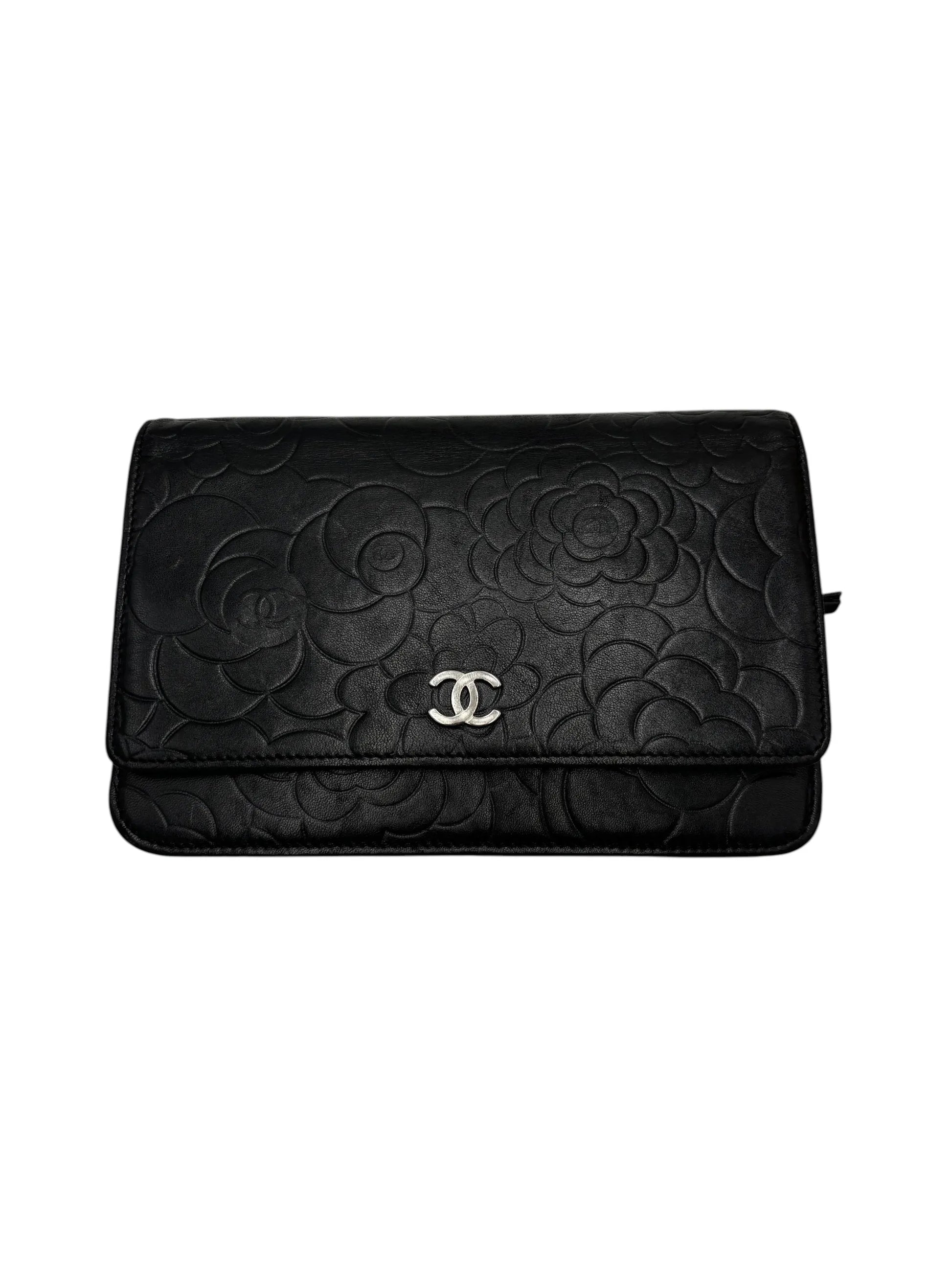 Chanel Sweet Camellia Wallet on Chain Quilted Lambskin, Black, Leather, Shoulder Bag
