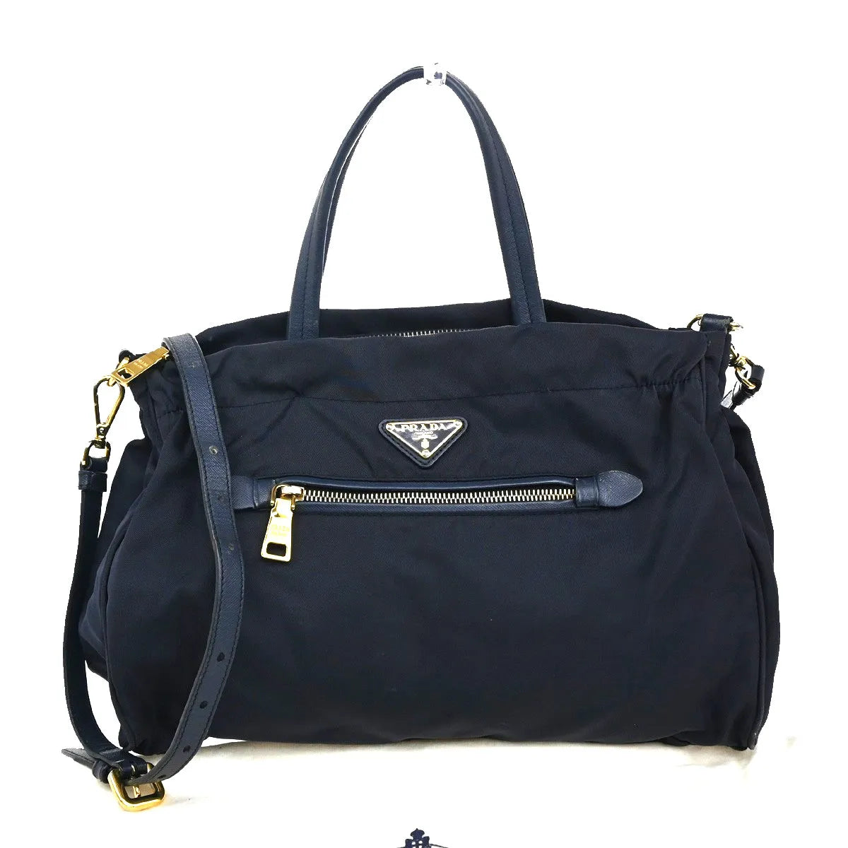 Prada Zip Convertible Shopping Tote Tessuto with Saffiano Leather, Navy, Nylon, Handbag