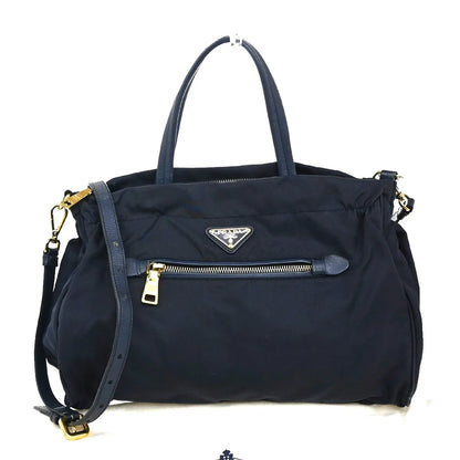 Prada Zip Convertible Shopping Tote Tessuto with Saffiano Leather, Navy, Nylon, Handbag
