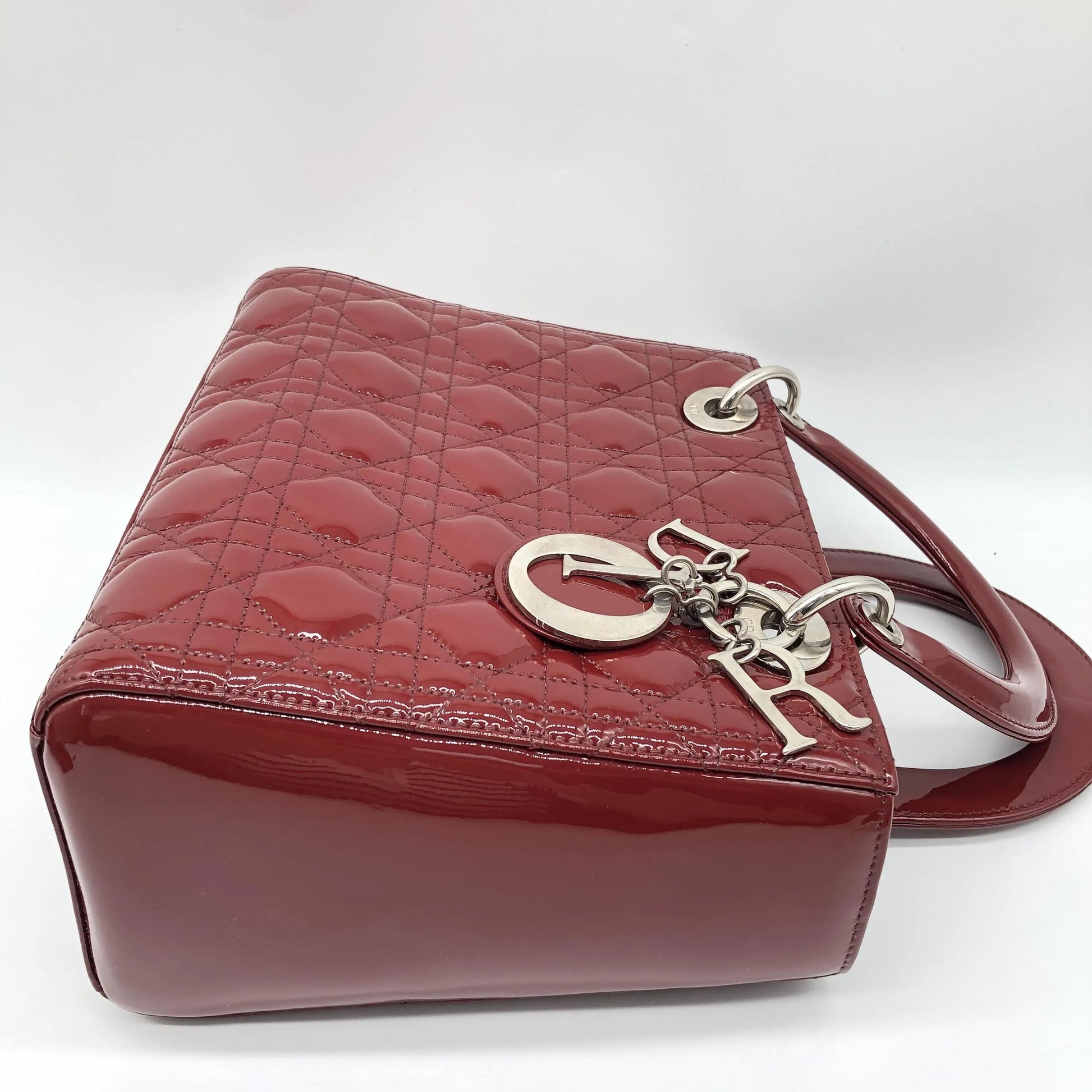 Christian Dior Vintage Lady Dior Cannage Quilt Patent, Burgundy, Patent Leather, Handbag