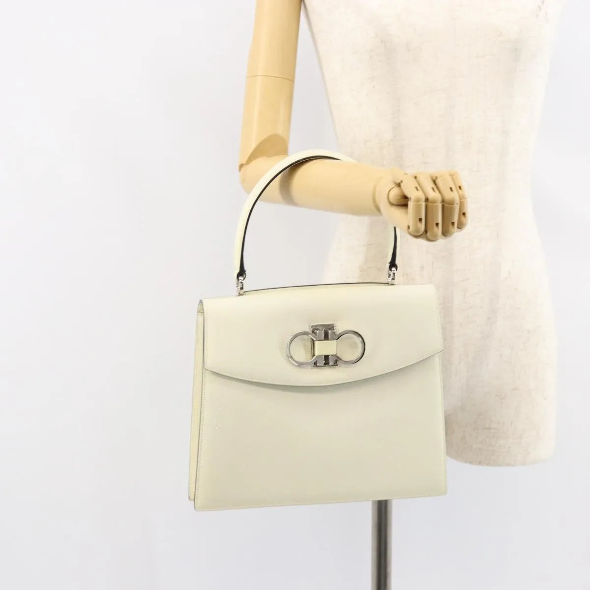 Salvatore Ferragamo Double Gancini Top Handle Saffiano Leather, White, Leather, Handbag