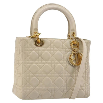 Christian Dior Lady Dior Cannage Quilt Lambskin, Beige, Leather, Handbag