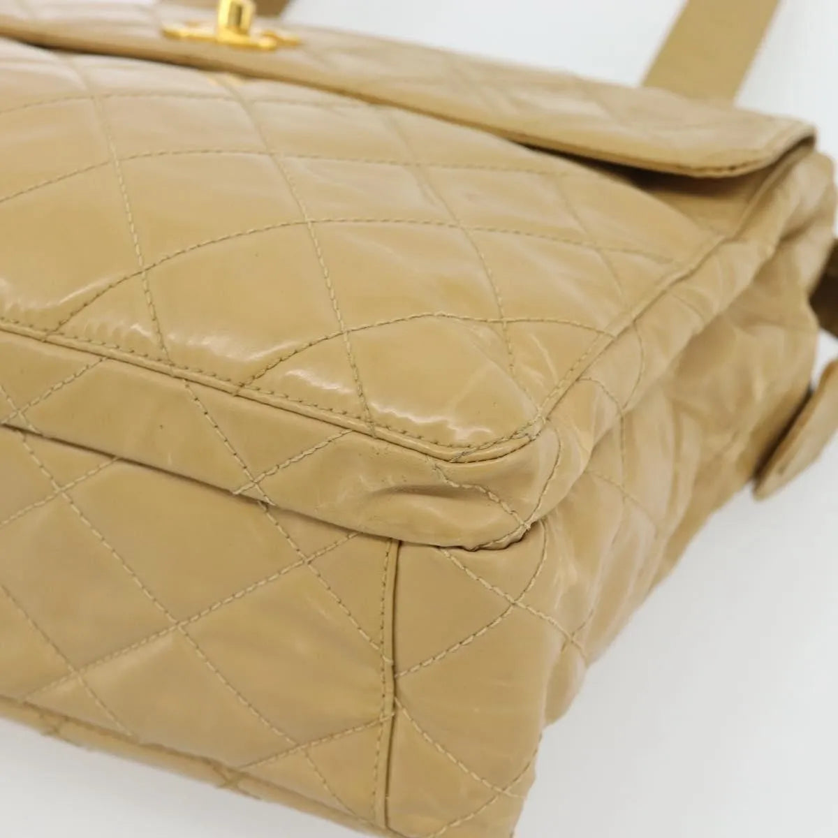 Chanel Vintage Front Pocket Leather, Beige, Patent Leather, Shoulder Bag