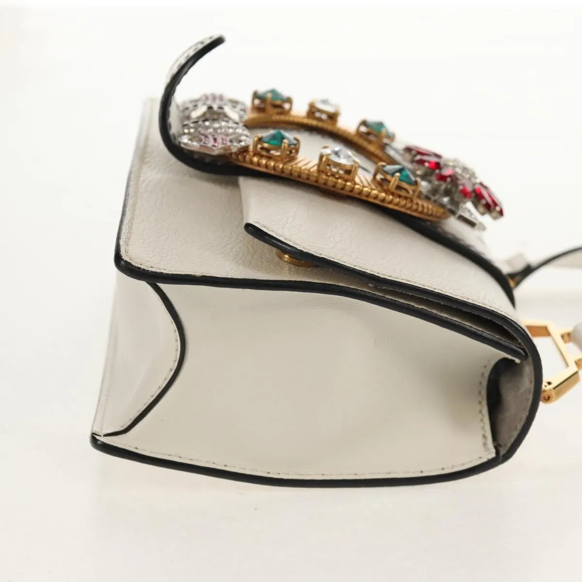 Miu Miu Madras Crystal Buckle Leather, White, Leather, Shoulder Bag