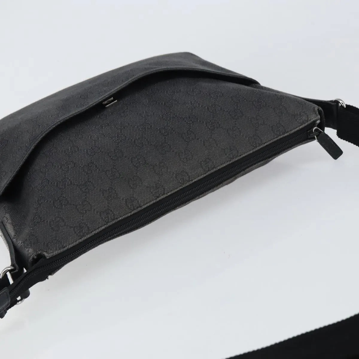 Gucci Zip Messenger GG Canvas with Perforated Leather, Black, Canvas, Shoulder Bag
