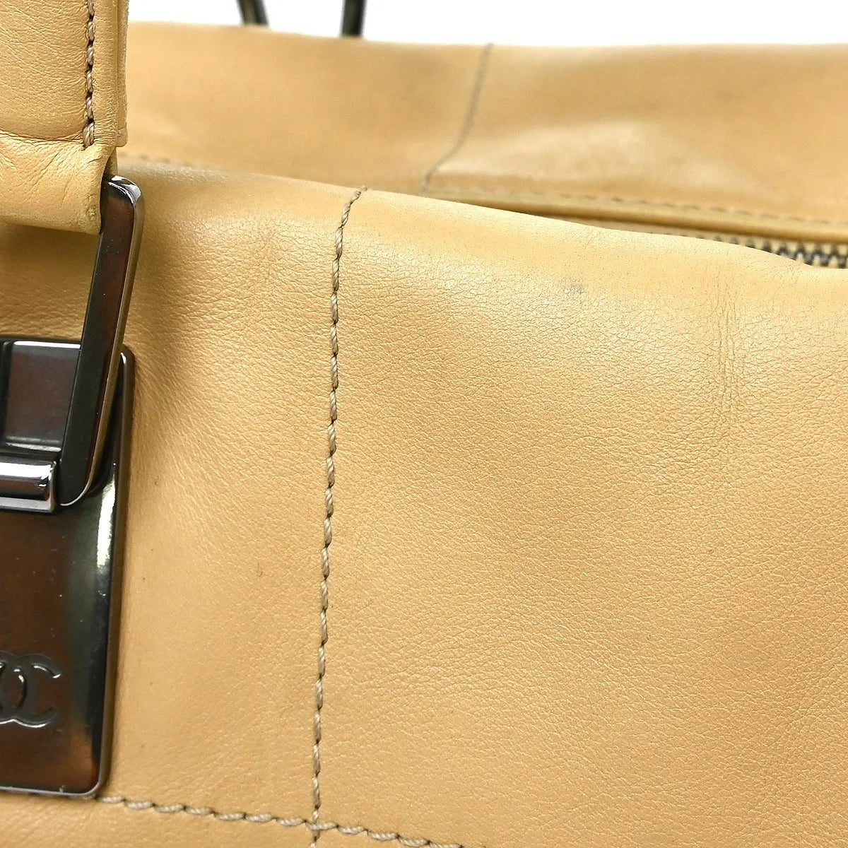 Chanel Square Stitch CC Boston Quilted Leather, Beige, Leather, Handbag
