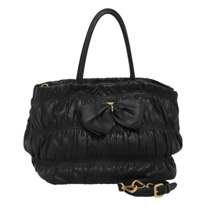 Prada Nappa Gaufre Bow Leather, Black, Leather, Tote Bag