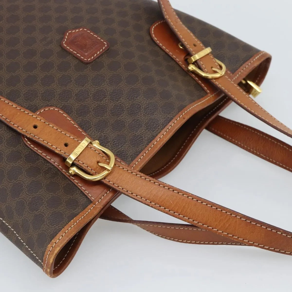 Celine Vintage Macadam Canvas and Leather, Brown, Canvas, Tote Bag