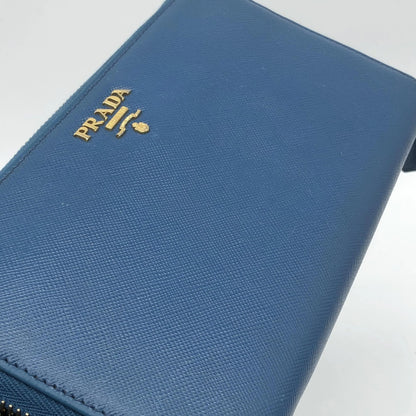 Prada Zip Around Tab Saffiano Leather, Blue, Leather, Wallet