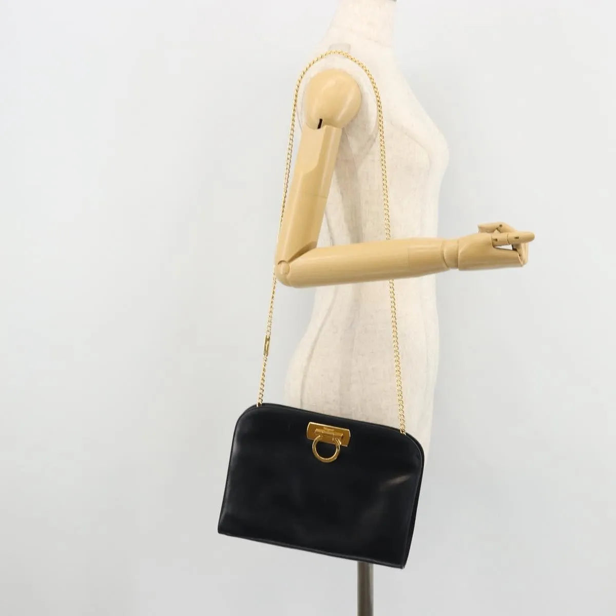 Salvatore Ferragamo Vintage Gancini Chain Leather, Navy, Leather, Shoulder Bag