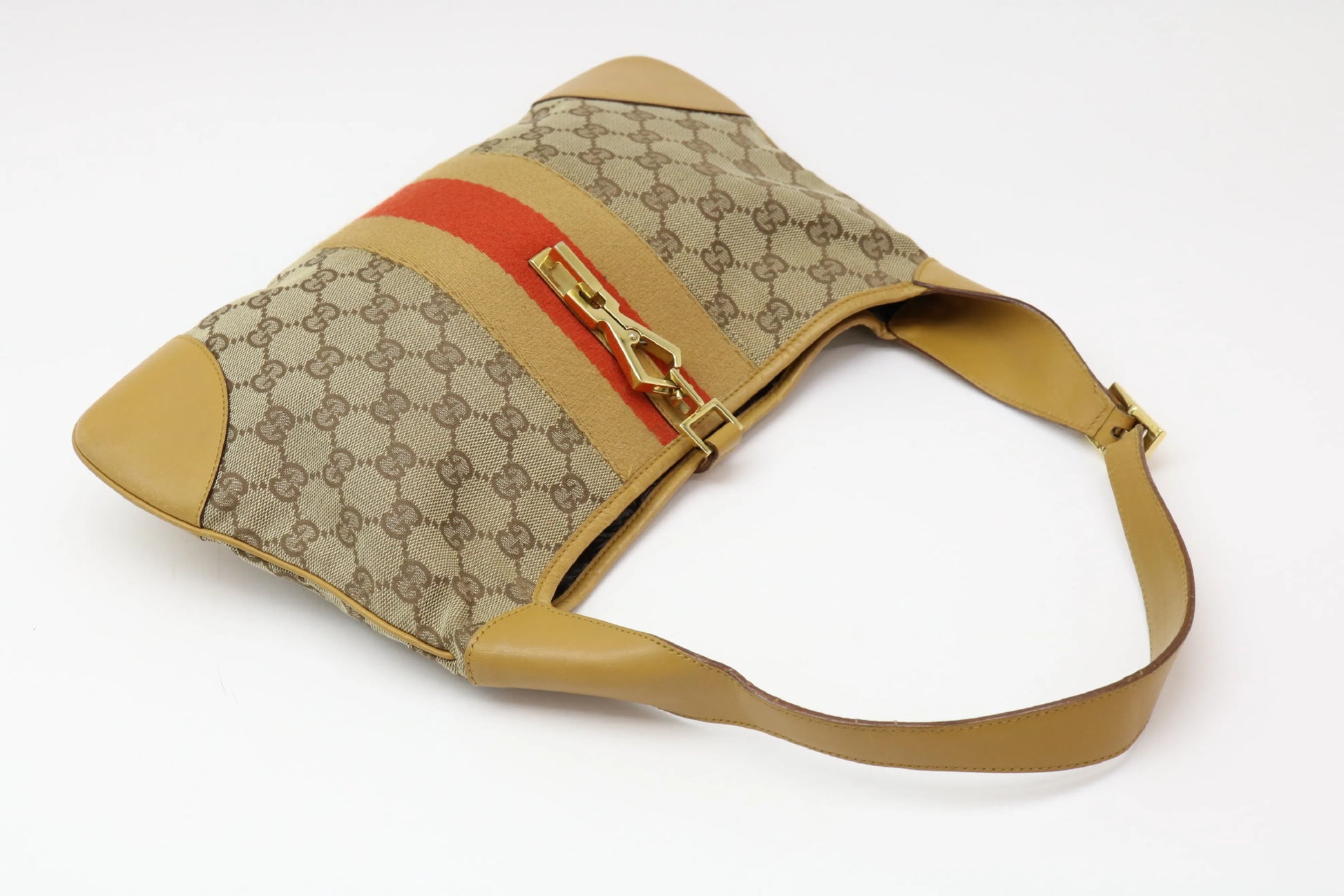 Gucci Vintage Jackie Shoulder Canvas and Leather, Beige, Canvas, Handbag