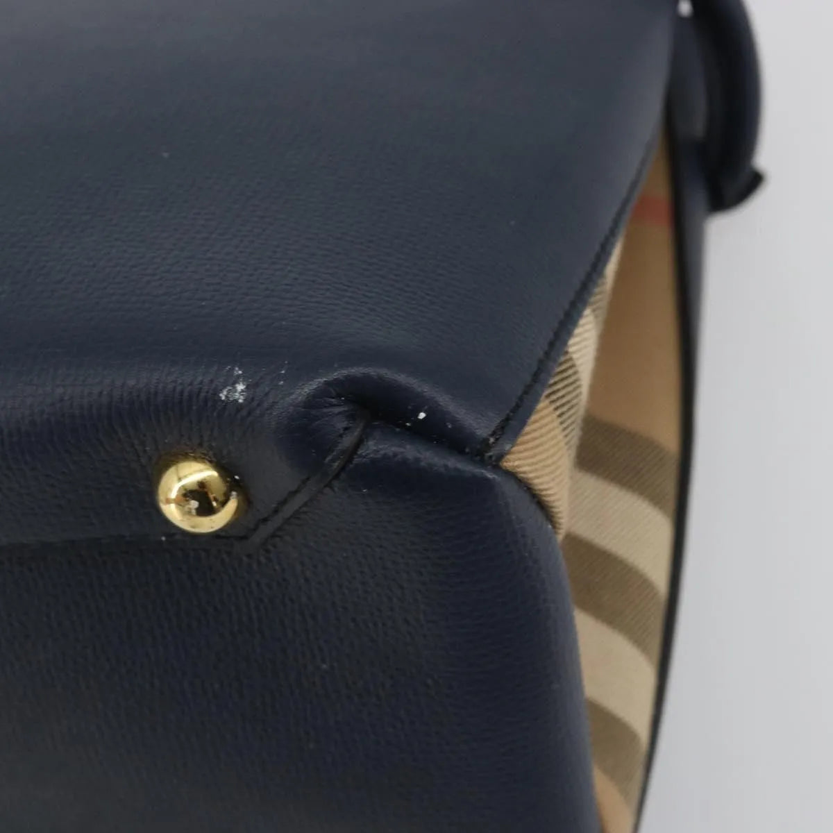 Burberry Banner Tote Leather and House Check Canvas, Navy, Leather, Handbag