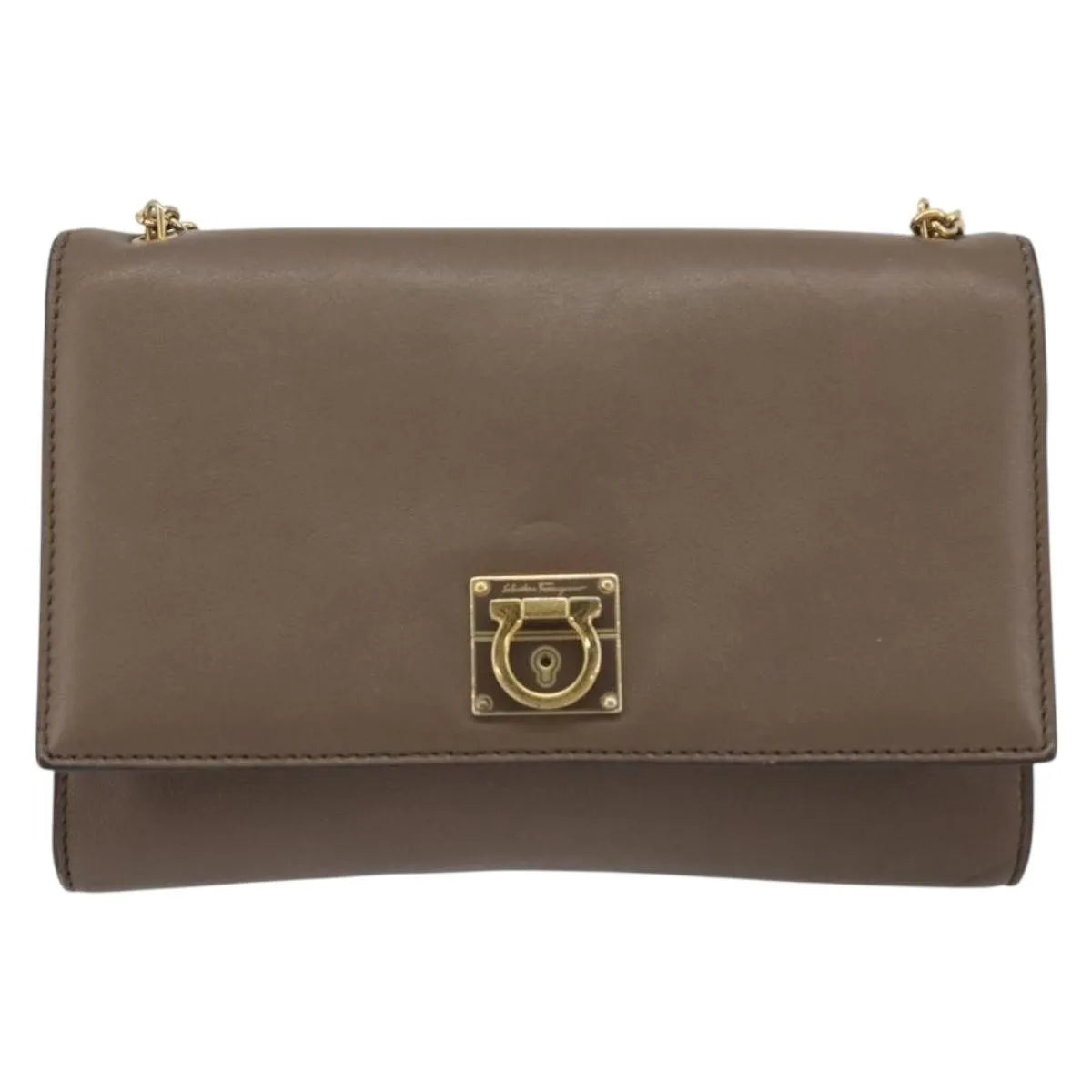 Salvatore Ferragamo Gancini Chain Leather, Gray, Leather, Shoulder Bag