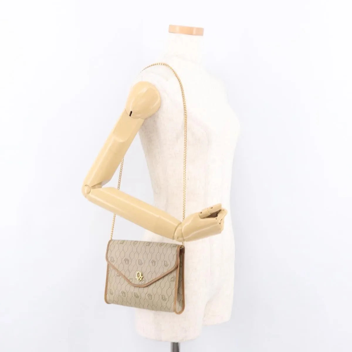 Christian Dior Vintage Honeycomb chain Canvas, Beige, Canvas, Shoulder Bag