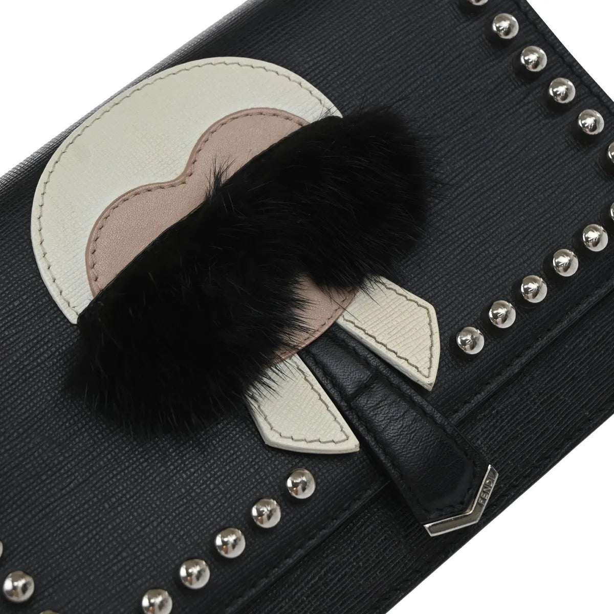 Fendi Karlito Wallet on Chain Studded Saffiano Leather, Black, Leather, Shoulder Bag