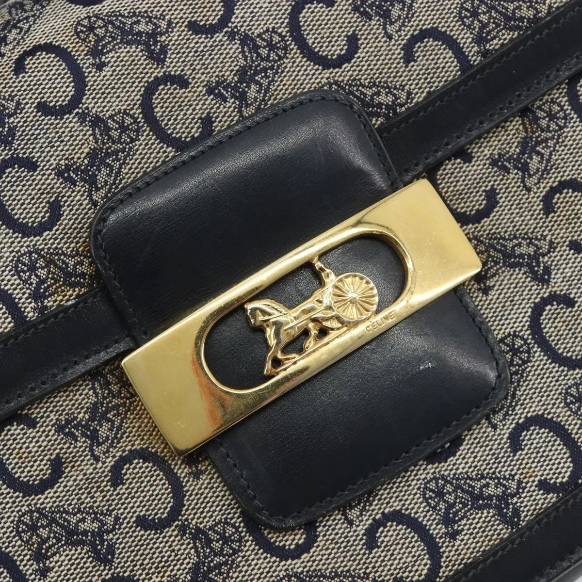 Celine Vintage Horse Carriage C Macadam Canvas and Leather, Navy, Canvas, Shoulder Bag