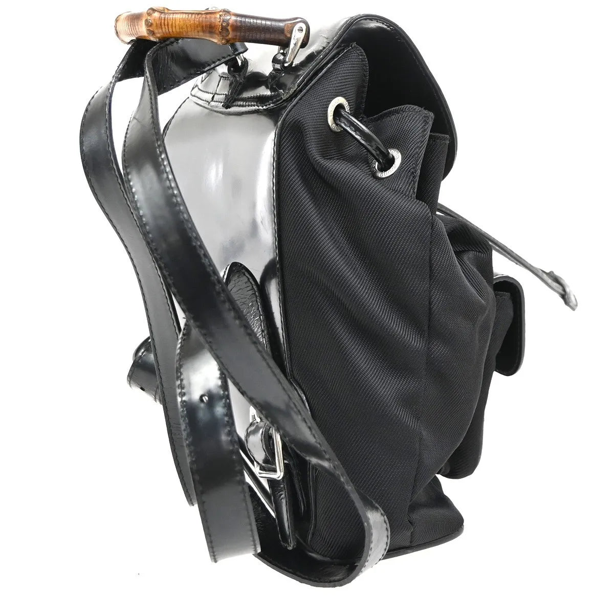 Gucci Vintage Bamboo Nylon and Patent Leather, Black, Nylon, Backpack