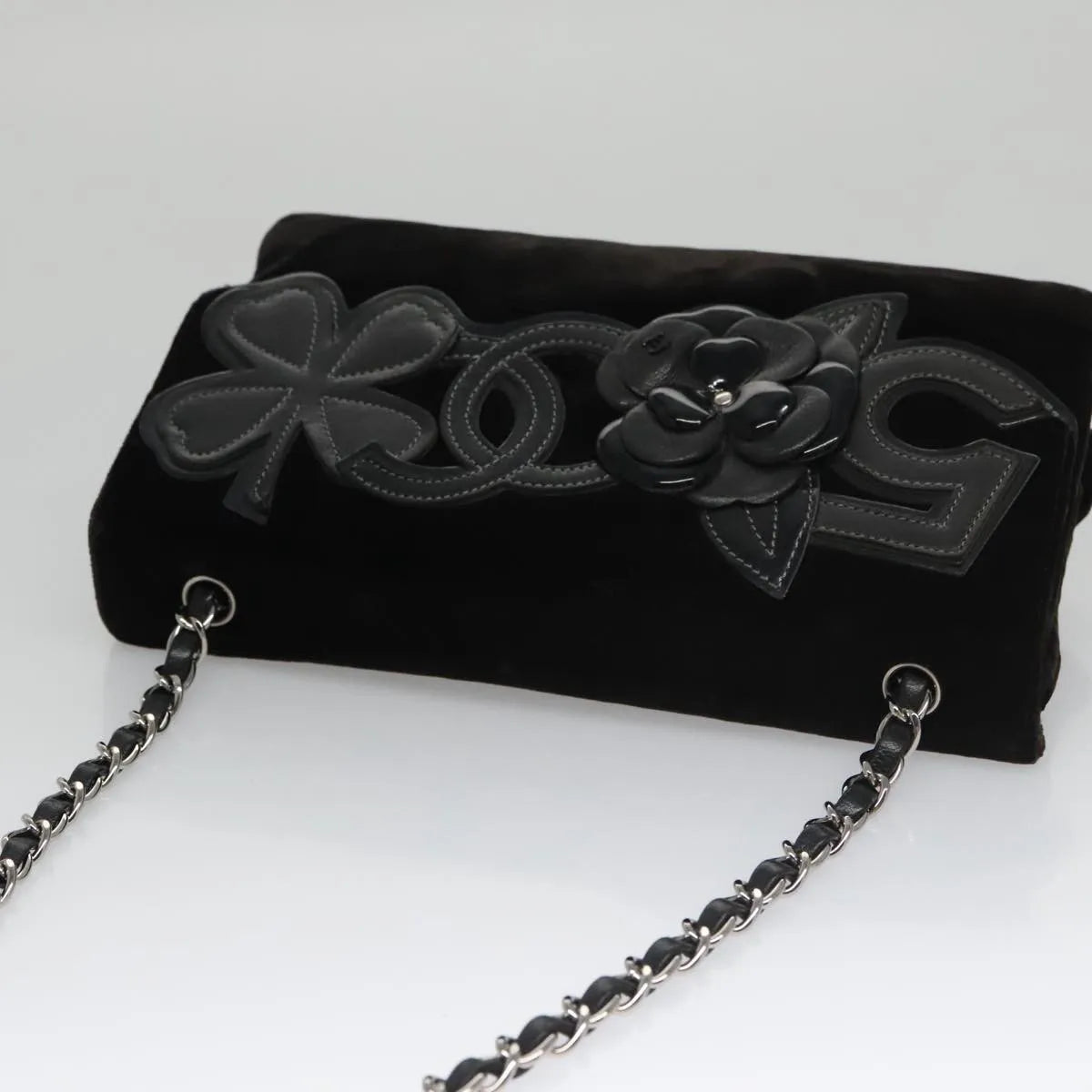 Chanel Camellia No.5 Chain Flap Velvet, Black, Velvet, Shoulder Bag
