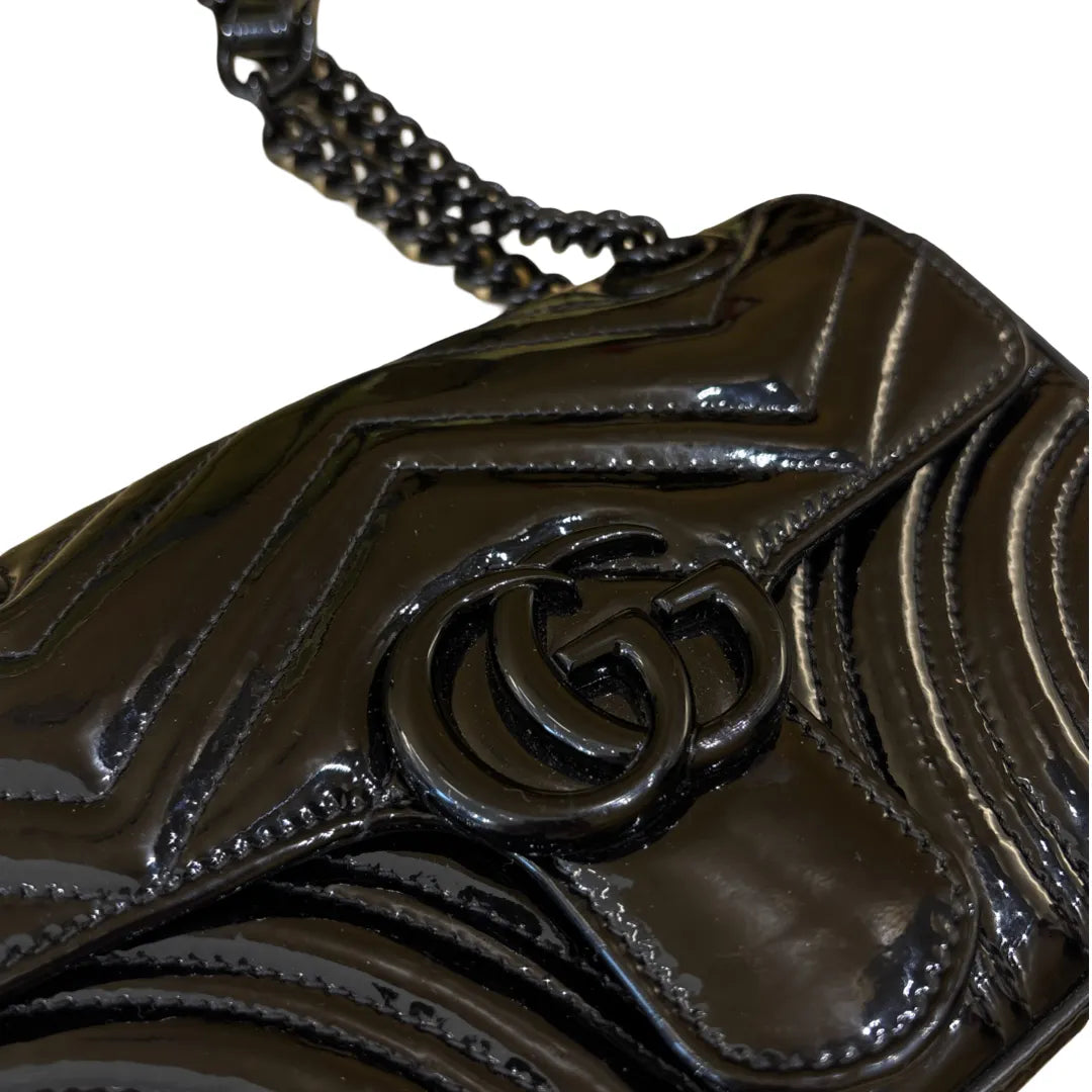 Gucci GG Marmont Flap Matelasse Patent, Black, Leather, Shoulder Bag