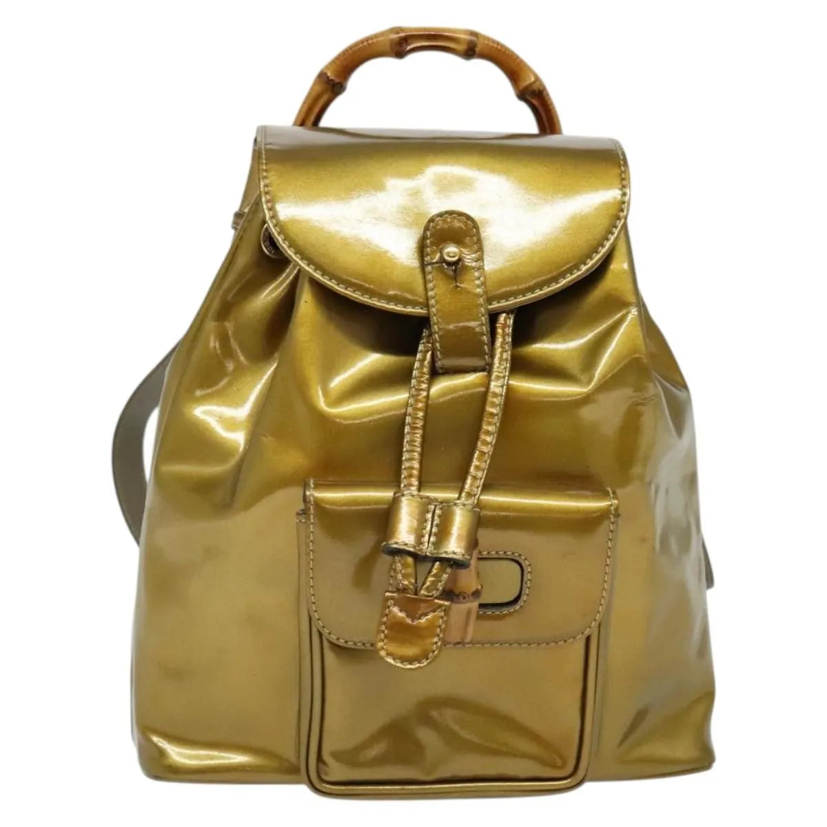 Gucci Vintage Bamboo Patent, Gold, Patent Leather, Backpack