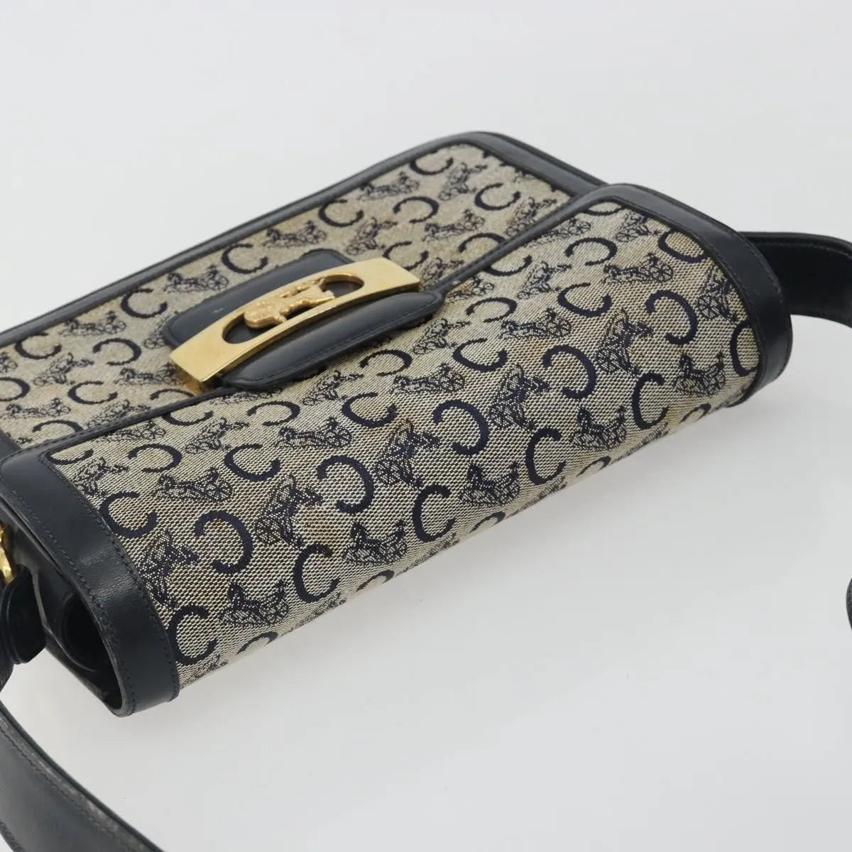 Celine Vintage Horse Carriage C Macadam Canvas and Leather, Navy, Canvas, Shoulder Bag