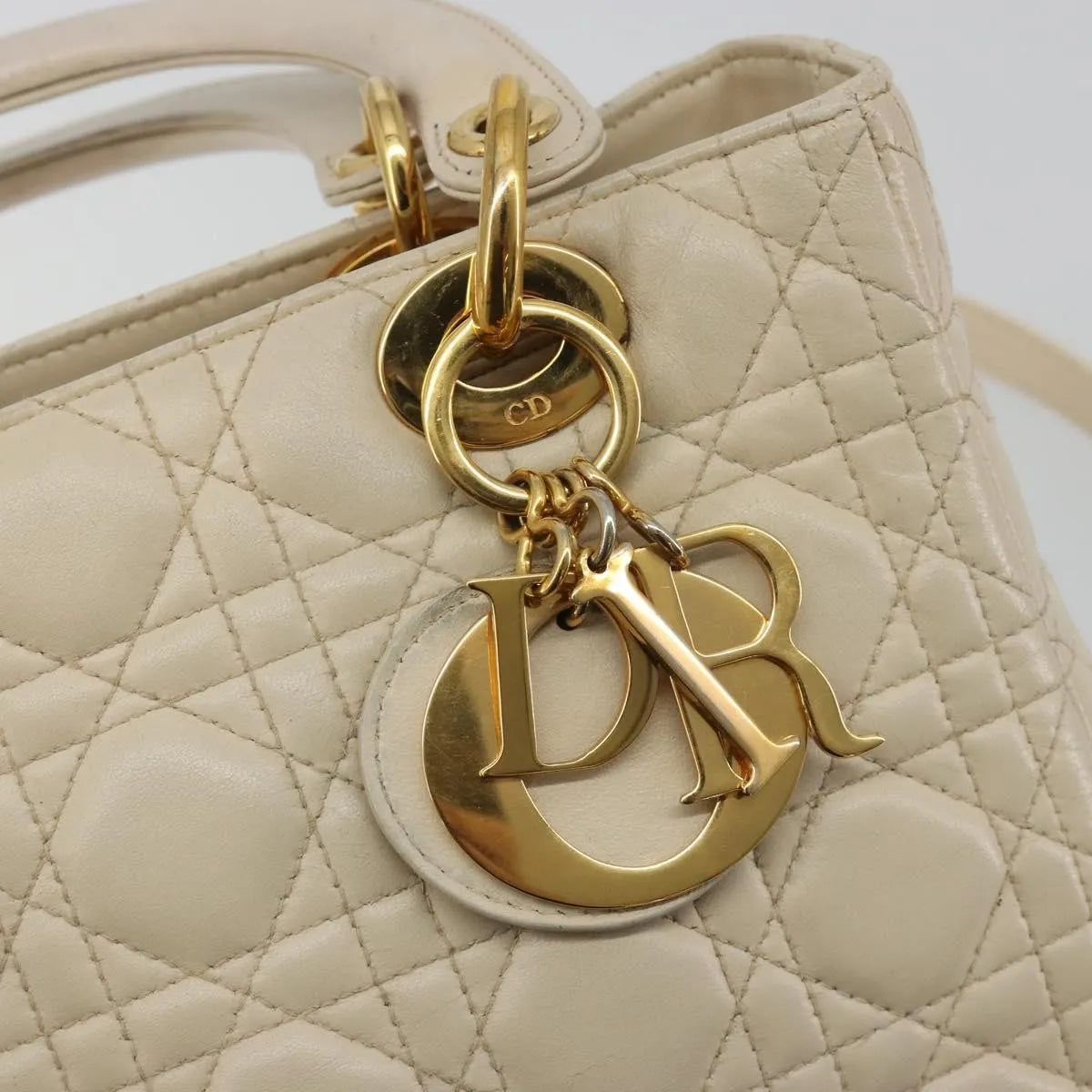 Christian Dior Lady Dior Cannage Quilt Lambskin, Beige, Leather, Handbag