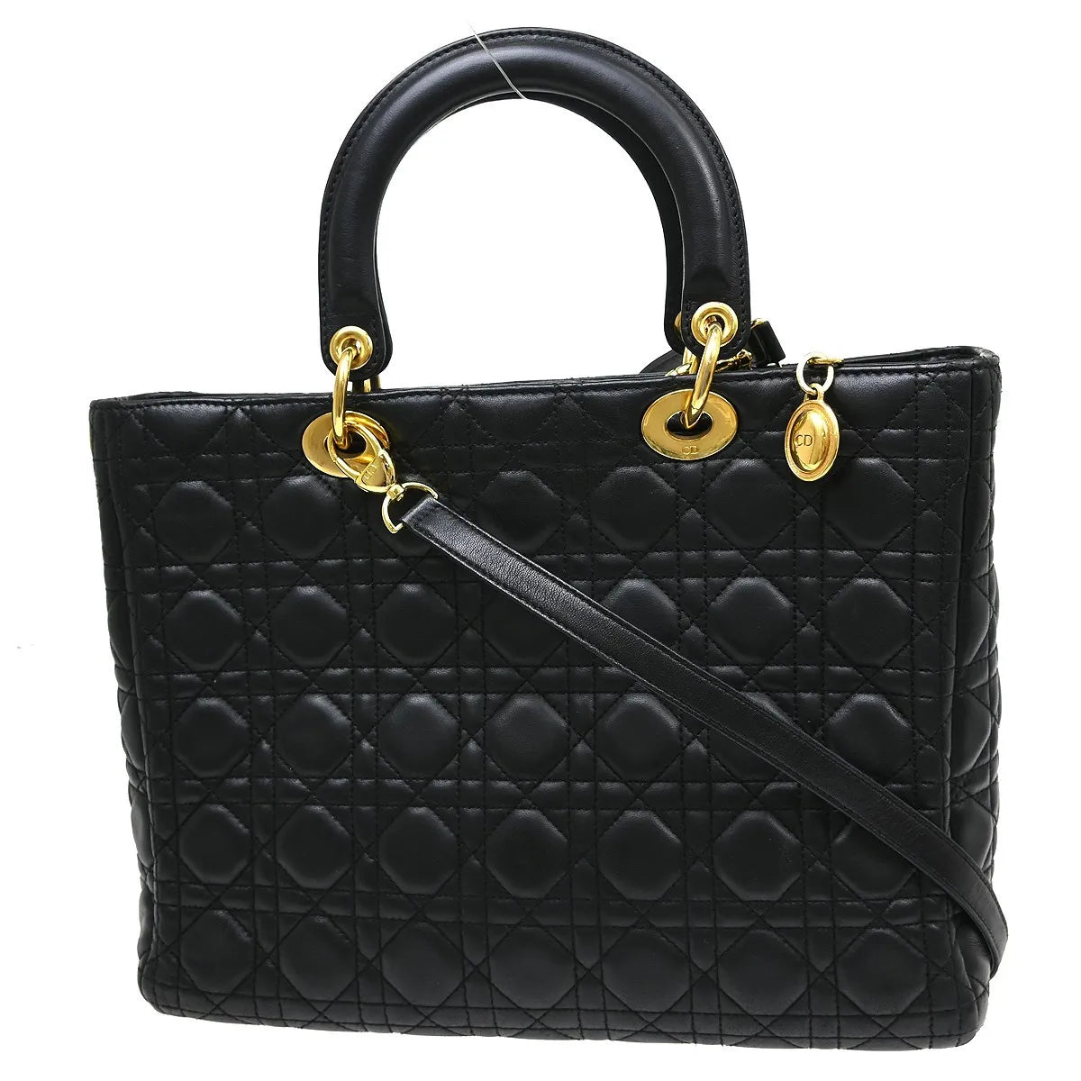 Christian Dior Vintage Lady Dior Cannage Quilt Lambskin, Black, Leather, Handbag